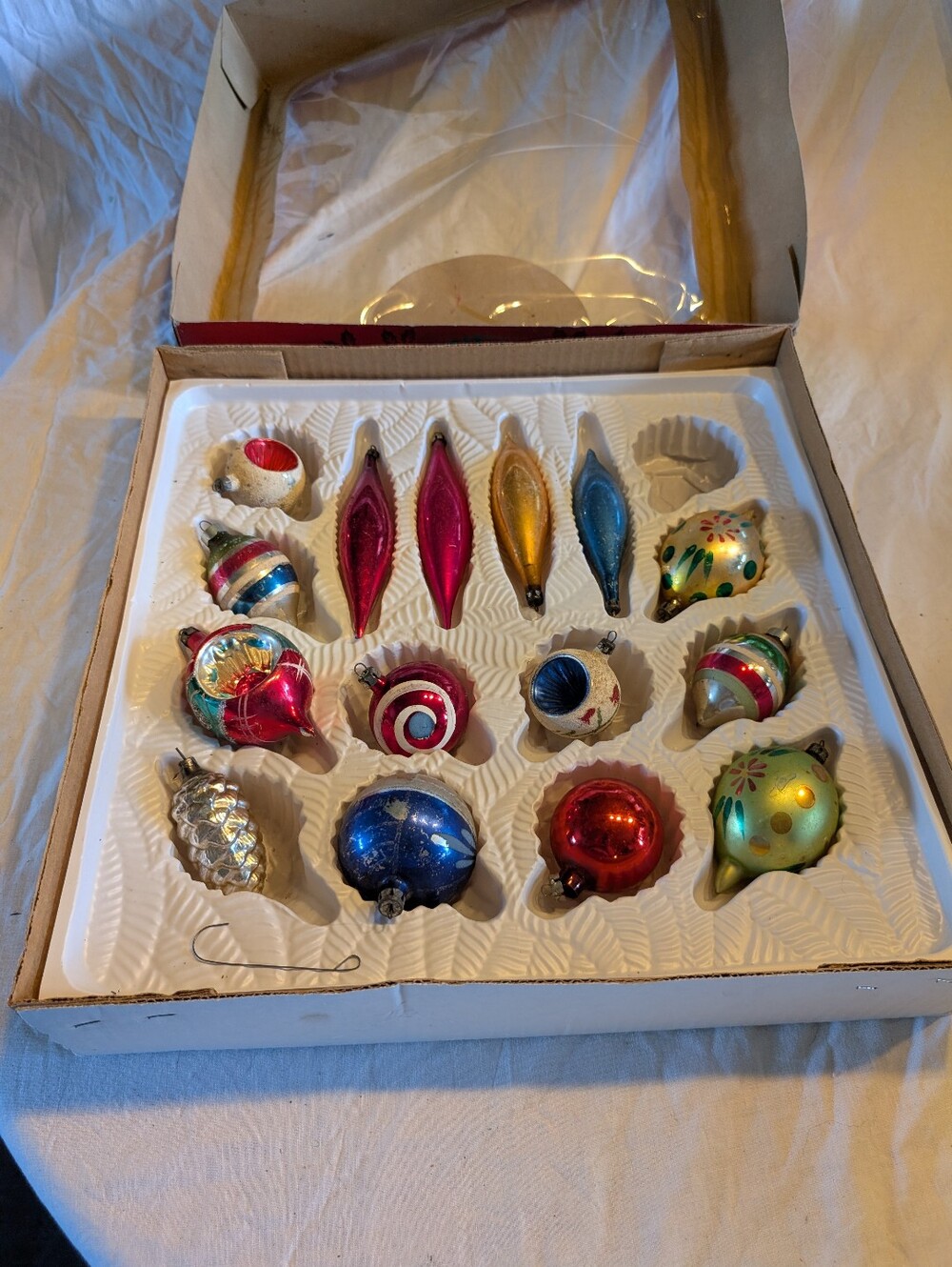 2/80$ Vintage Holiday Glass Ornament Set in Red, Blue, Gold, Green, Pink, Silver